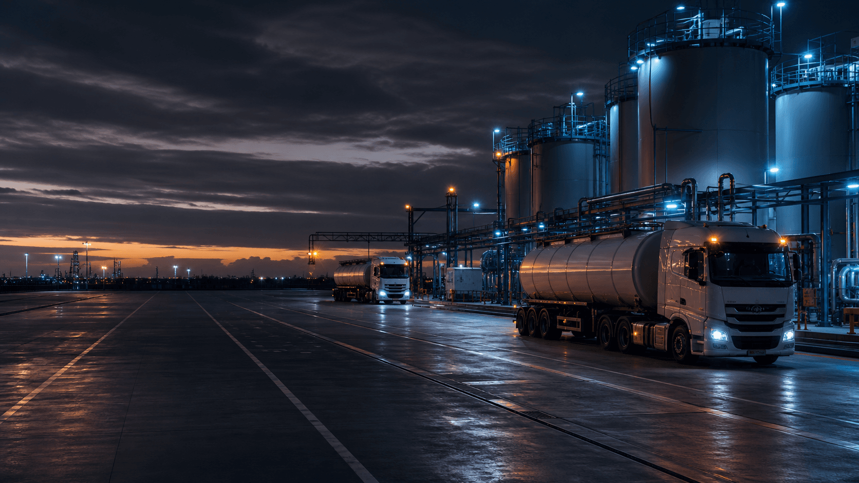 LPG tanker truck at a skid depot facility performing bulk gas loading operations