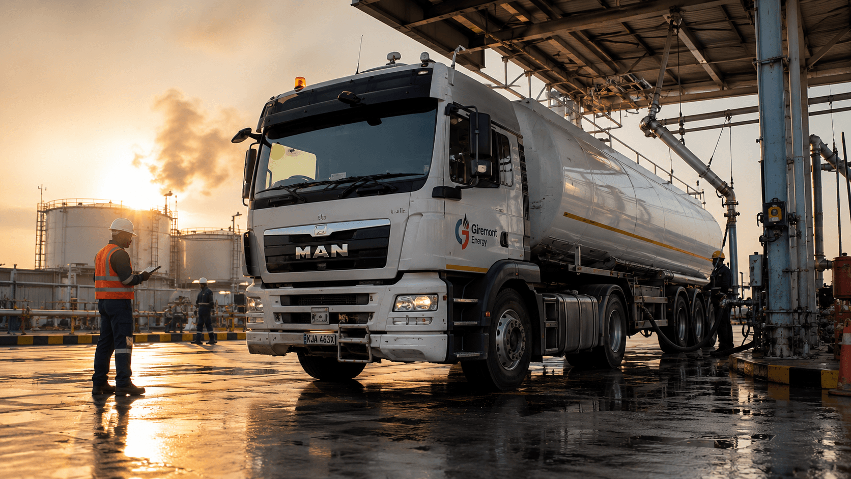 Giremont Energy operations team coordinating a fuel supply truck at an industrial yard